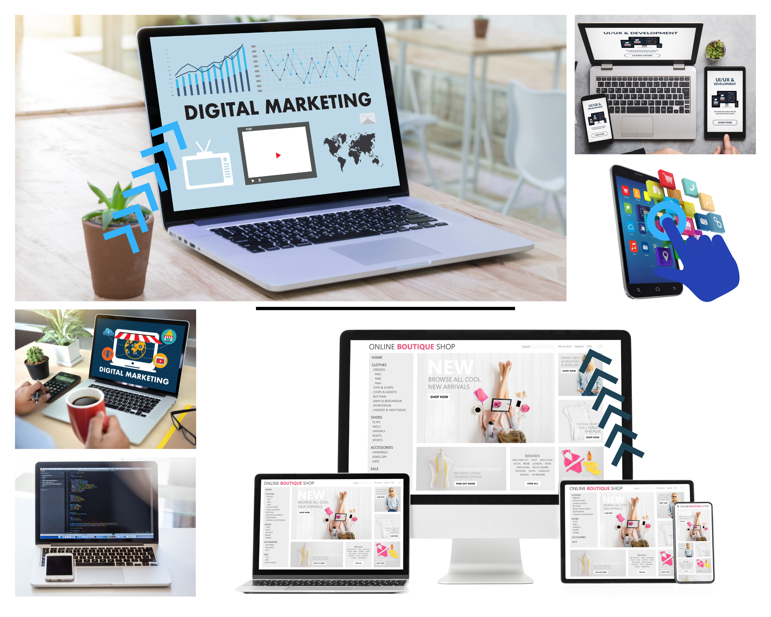 Collage showing digital marketing, web design and digital design